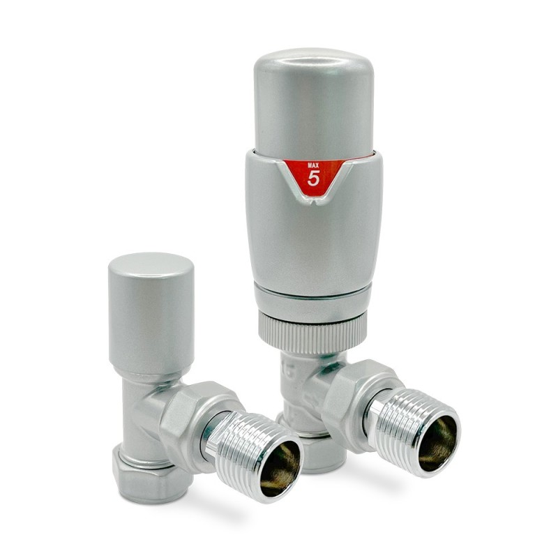 Silver Thermostatic Valves for Radiators & Towel Rails (Pair of Angled, Straight or Corner)