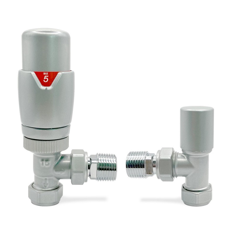 Silver Thermostatic Valves for Radiators & Towel Rails (Pair of Angled, Straight or Corner)
