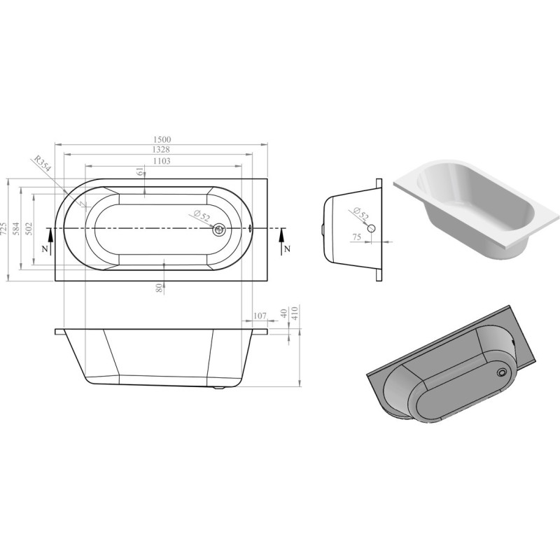 Concorde J Shape Bath With Legs - 1700mm(l) x 725mm(w) x 600mm(h)