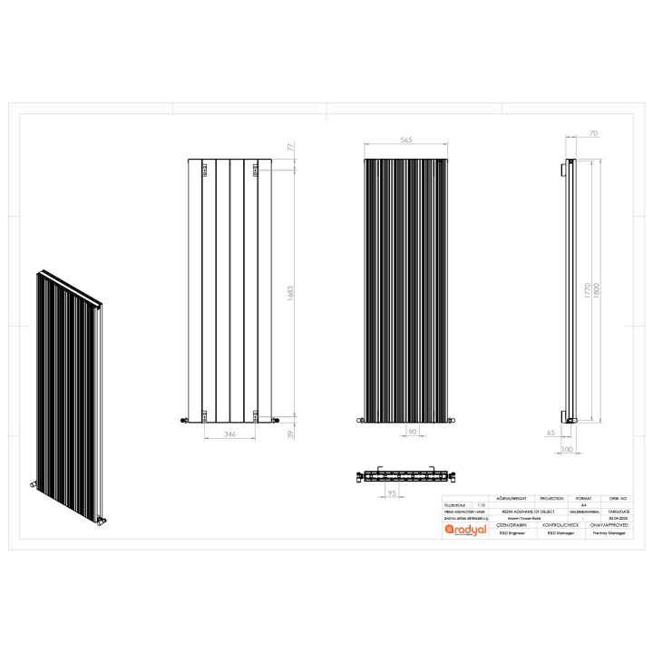 565mm (w) x 1800mm (h) "Tower Bold" Double Panel White Vertical Aluminium Radiator - Technical Drawing