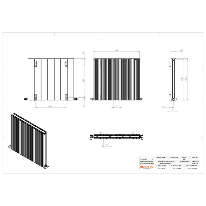 660mm (w) x 600mm (h) "Tower Bold" Double Panel White Horizontal Aluminium Radiator - Technical Drawing