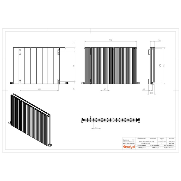 850mm (w) x 600mm (h) "Tower Bold" Double Panel White Horizontal Aluminium Radiator - Technical Drawing