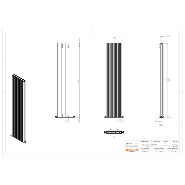 375mm (w) x 1800mm (h) "Tower Bold" Double Panel Black Vertical Aluminium Radiator - Technical Drawing