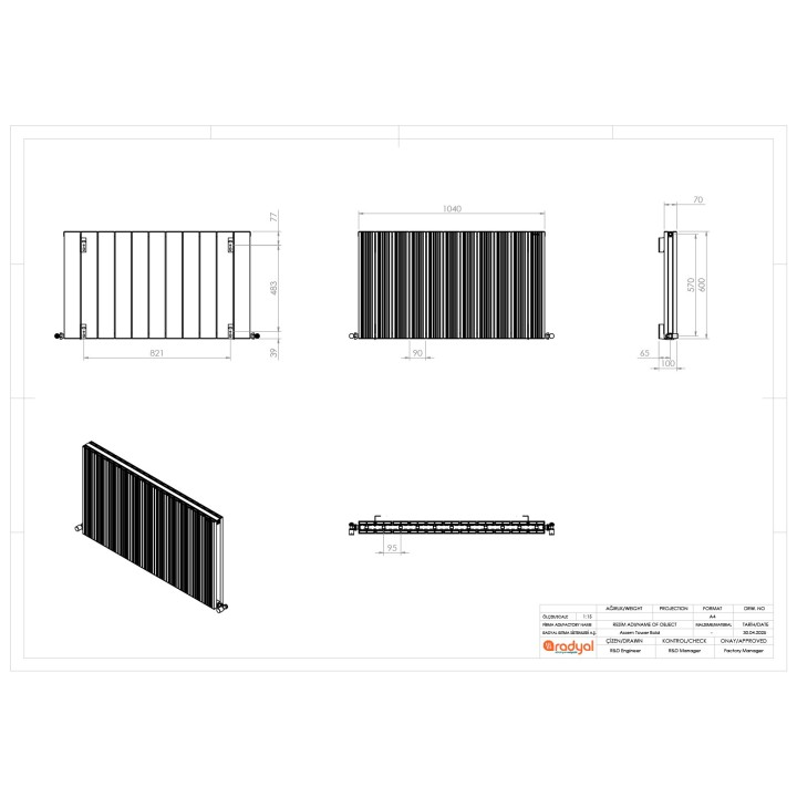 1040mm (w) x 600mm (h) "Tower Bold" Double Panel Black Horizontal Aluminium Radiator - Technical Drawing