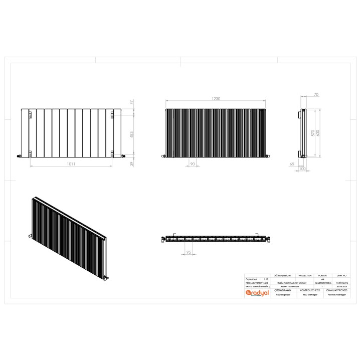 1230mm (w) x 600mm (h) "Tower Bold" Double Panel Black Horizontal Aluminium Radiator - Technical Drawing