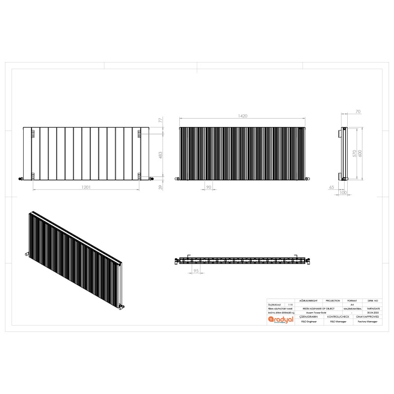 1420mm (w) x 600mm (h) "Tower Bold" Double Panel Anthracite Horizontal Aluminium Radiator - Technical Drawing