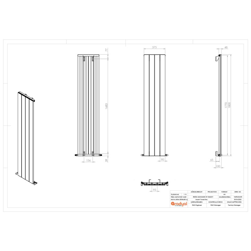 375mm (w) x 1800mm (h) "Tower" Single Panel Anthracite Vertical Aluminium Radiator (4 Extrusions)