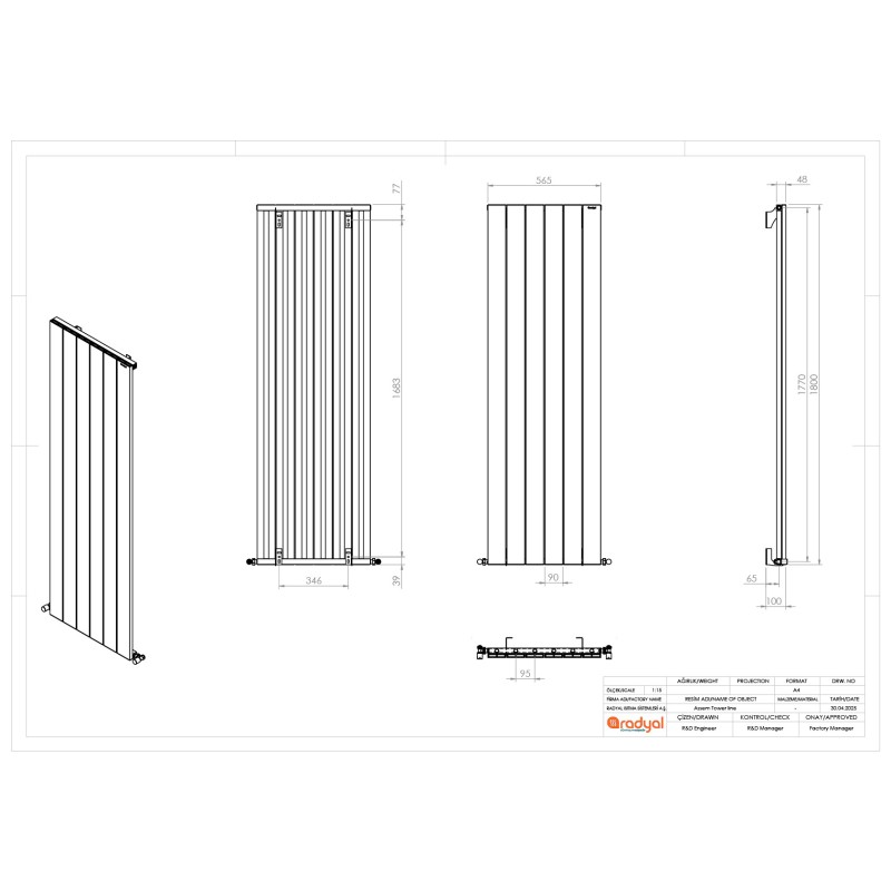 565mm (w) x 1800mm (h) "Tower" Single Panel Anthracite Vertical Aluminium Radiator (6 Extrusions)