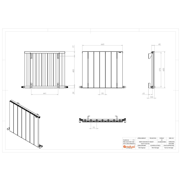 660mm (w) x 600mm (h) "Tower" Single Panel White Horizontal Aluminium Radiator - Technical Drawing