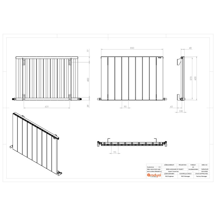 850mm (w) x 600mm (h) "Tower" Single Panel White Horizontal Aluminium Radiator - Technical Drawing