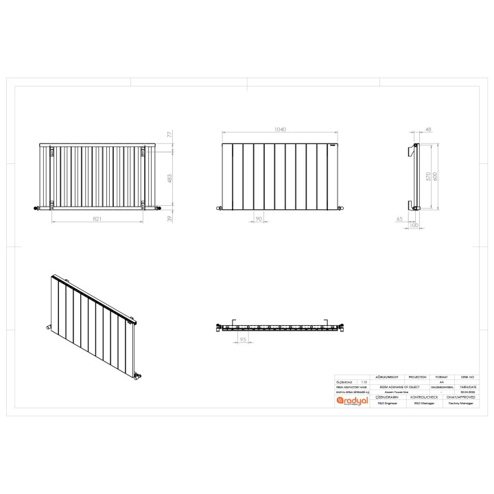 1040mm (w) x 600mm (h) "Tower" Single Panel White Horizontal Aluminium Radiator - Technical Drawing