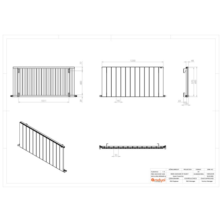 1230mm (w) x 600mm (h) "Tower" Single Panel Black Horizontal Aluminium Radiator - Technical Drawing