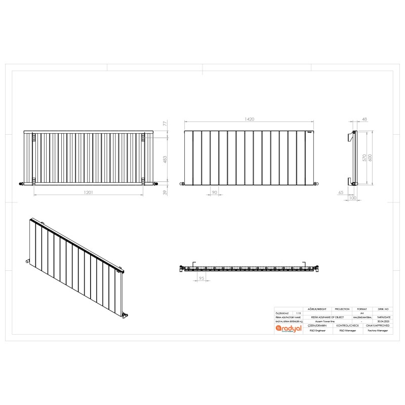 1420mm (w) x 600mm (h) "Tower" Single Panel Anthracite Horizontal Aluminium Radiator - Technical Drawing