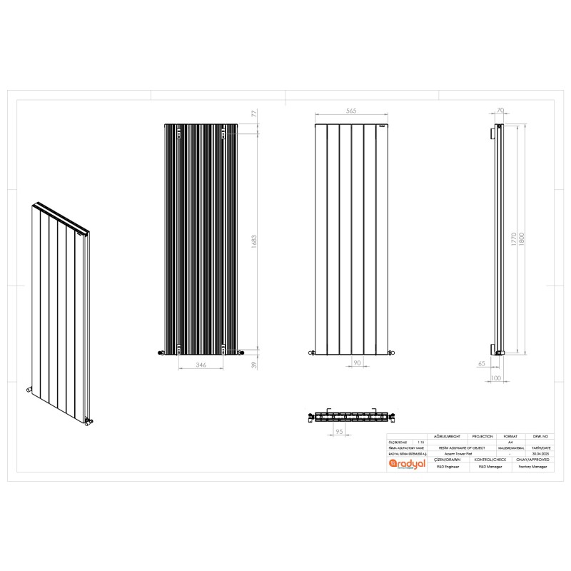 565mm (w) x 1800mm (h) "Tower" Double Panel Anthracite Vertical Aluminium Radiator - Technical Drawing