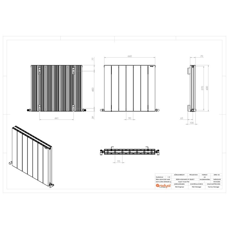 660mm (w) x 600mm (h) "Tower" Double Panel White Horizontal Aluminium Radiator - Technical Drawing
