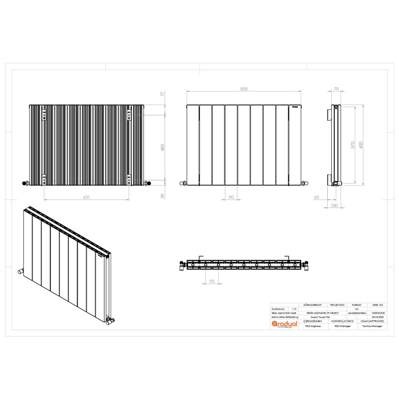 850mm (w) x 600mm (h) "Tower" Double Panel Anthracite Horizontal Aluminium Radiator - Technical Drawing