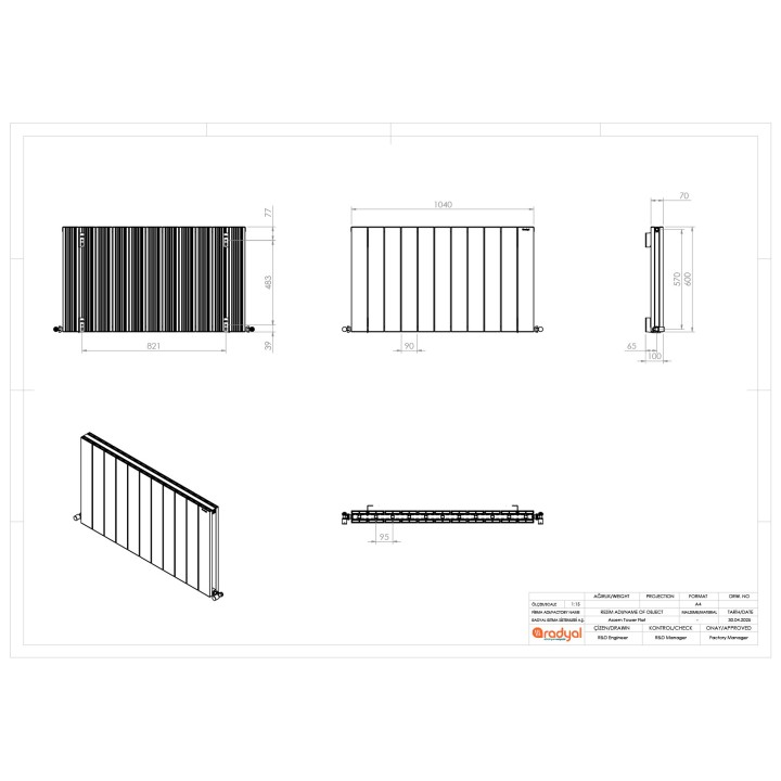 1040mm (w) x 600mm (h) "Tower" Double Panel Black Horizontal Aluminium Radiator - Technical Drawing