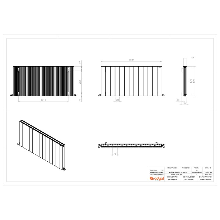 1230mm (w) x 600mm (h) "Tower" Double Panel White Horizontal Aluminium Radiator - Technical Drawing