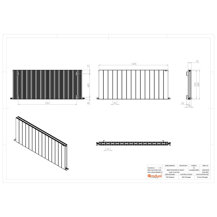 1420mm (w) x 600mm (h) "Tower" Double Panel Black Horizontal Aluminium Radiator - Technical Drawing