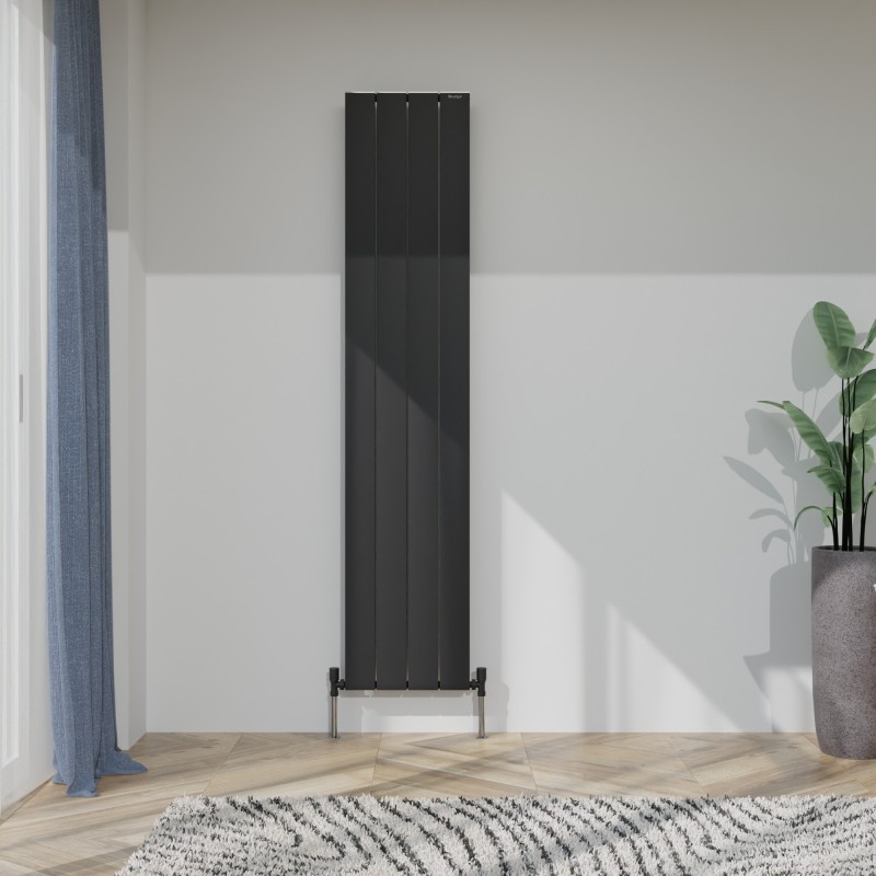 375mm (w) x 1800mm (h) "Tower" Single Panel Black Vertical Aluminium Radiator (4 Extrusions)