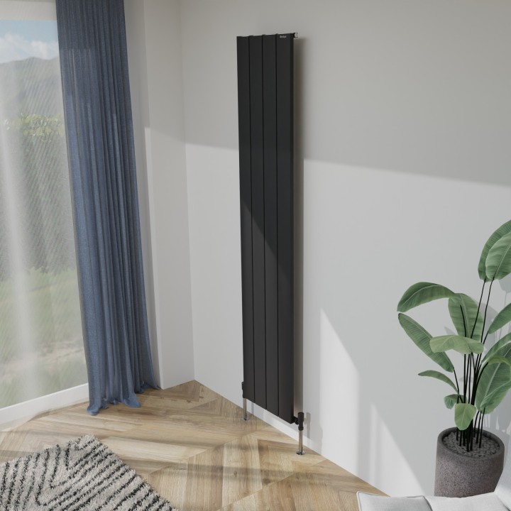 375mm (w) x 1800mm (h) Tower Single Panel Black Vertical Aluminium Radiator (4 Extrusions)