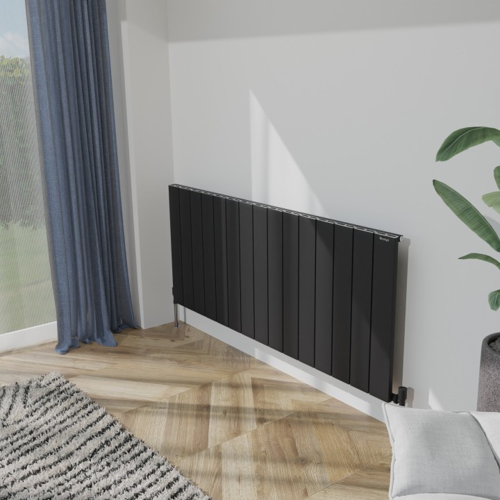 1420mm (w) x 600mm (h) Tower Single Panel Black Horizontal Aluminium Radiator (15 Extrusions)