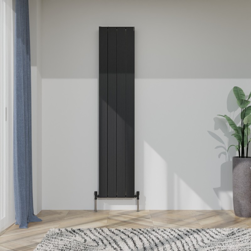 375mm (w) x 1800mm (h) "Tower Bold" Double Panel Black Vertical Aluminium Radiator (8 Extrusions)