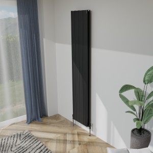375mm (w) x 1800mm (h) "Tower Bold" Double Panel Black Vertical Aluminium Radiator (8 Extrusions)