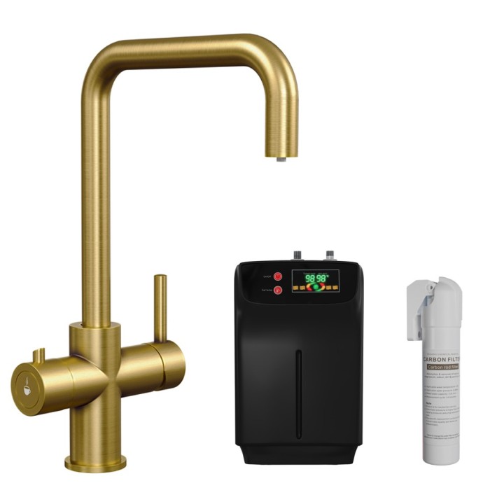Brushed Brass Gold 3-in-1 Instant Boiling Water Kitchen Tap – 2.4L Digital Boiler, Filter & 360° Swivel