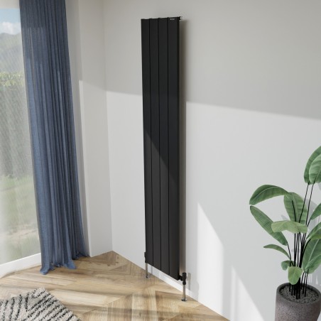 375mm (w) x 1800mm (h) "Tower" Single Panel Black Vertical Aluminium Radiator (4 Extrusions)