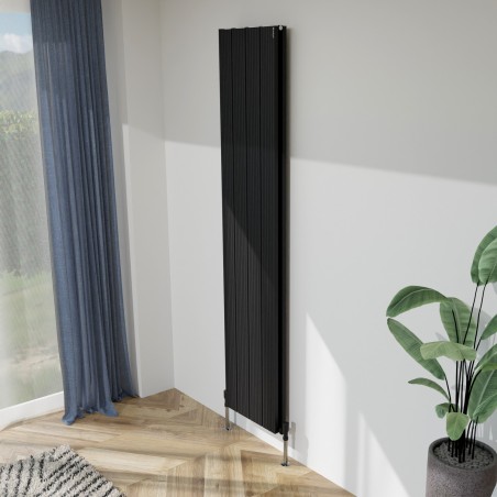 375mm (w) x 1800mm (h) "Tower Bold" Double Panel Black Vertical Aluminium Radiator (8 Extrusions)