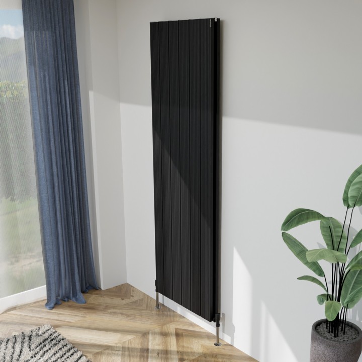 565mm (w) x 1800mm (h) "Tower Bold" Double Panel Black Vertical Aluminium Radiator (12 Extrusions)