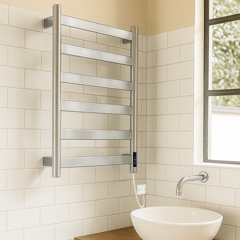500mm (w) x 700mm (h) Strata Flat Bar Dry Electric Towel Rail – Polished Stainless - Insitu