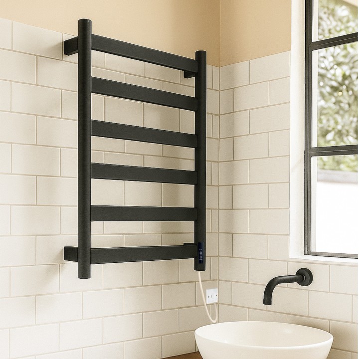 500mm (w) x 800mm (h) Strata Flat Bar Dry Electric Towel Rail – Black Stainless - Insitu