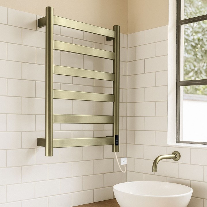 500mm (w) x 700mm (h) Strata Brushed Brass Stainless Steel Flat Bar Dry Electric Towel Rail (In-Built Controller)