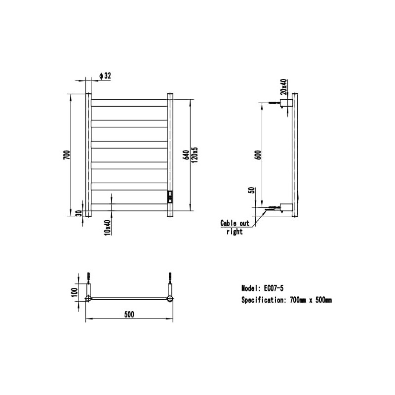 500mm (w) x 700mm (h) Strata Polished Stainless Steel Flat Bar Dry Electric Towel Rail (In-Built Controller)