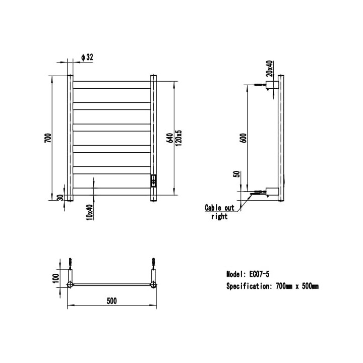 500mm (w) x 700mm (h) Strata Polished Stainless Steel Flat Bar Dry Electric Towel Rail (In-Built Controller)