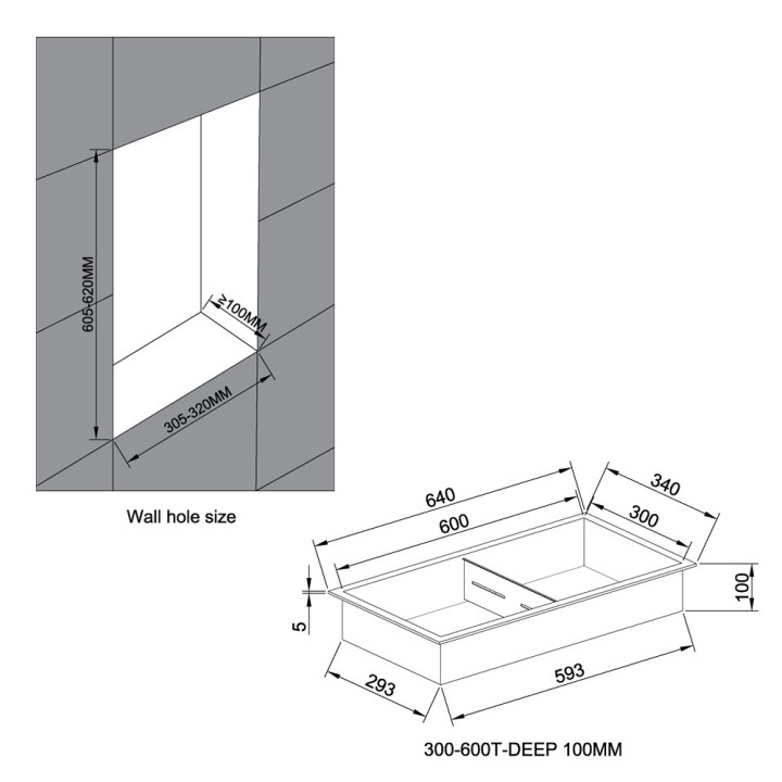300mm(w) x 600mm(h) Stainless Steel Rectangular Pre-Formed Shower Niche with Shelf