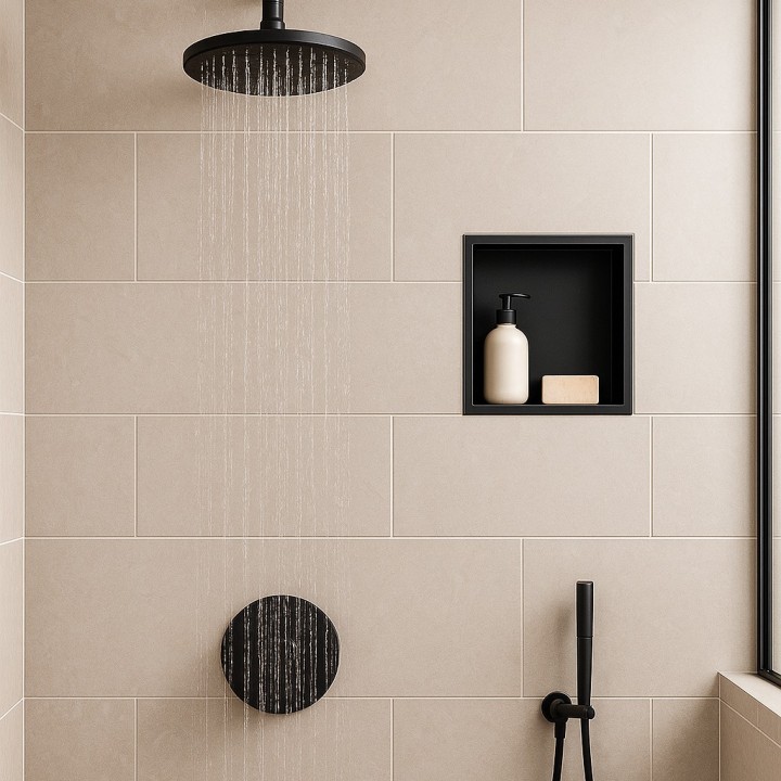 300mm (w) x 300mm (h) Matt Black Stainless Steel Square Pre-Formed Shower Niche - Insitu