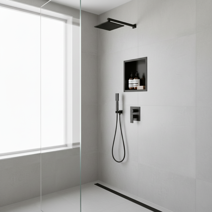 300mm (w) x 300mm (h) Matt Black Stainless Steel Square Pre-Formed Shower Niche