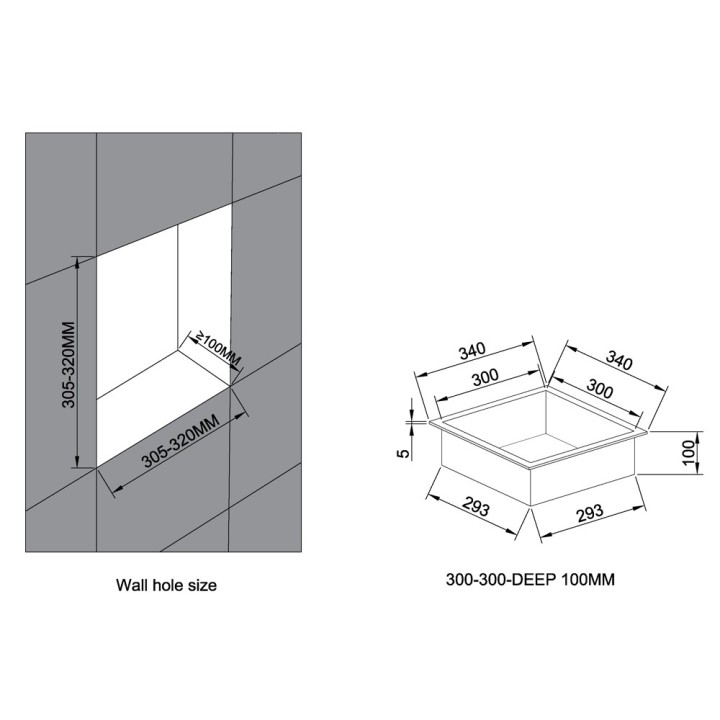 300mm (w) x 300mm (h) Brushed Brass Stainless Steel Square Pre-Formed Shower Niche