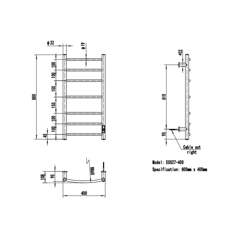 400mm (w) x 800mm (h) Curva Polished Stainless Steel Dry Electric Towel Rail (In-Built Controller)