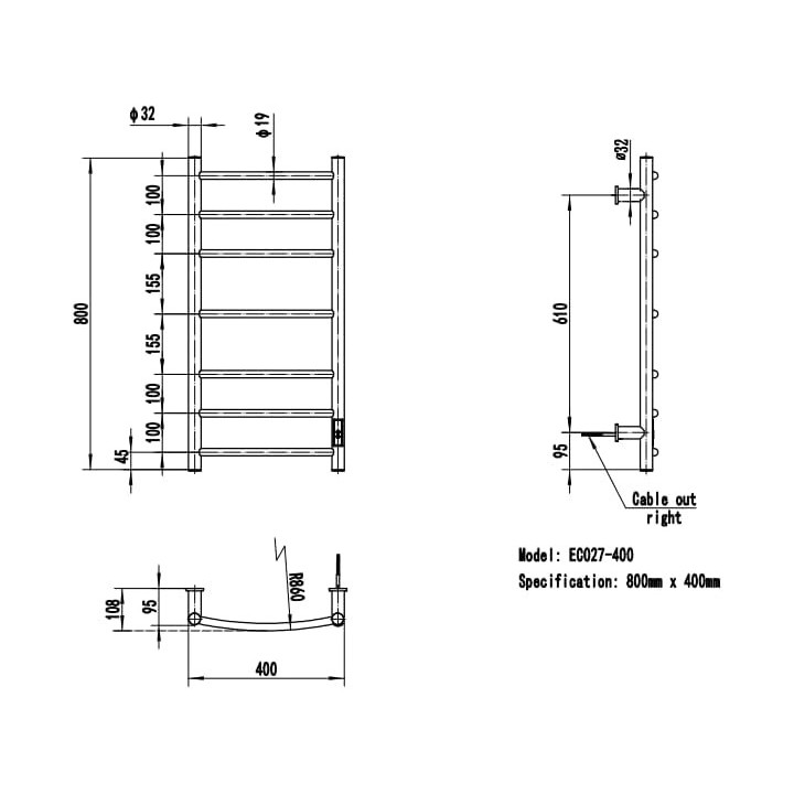 400mm (w) x 800mm (h) Curva Polished Stainless Steel Dry Electric Towel Rail (In-Built Controller)