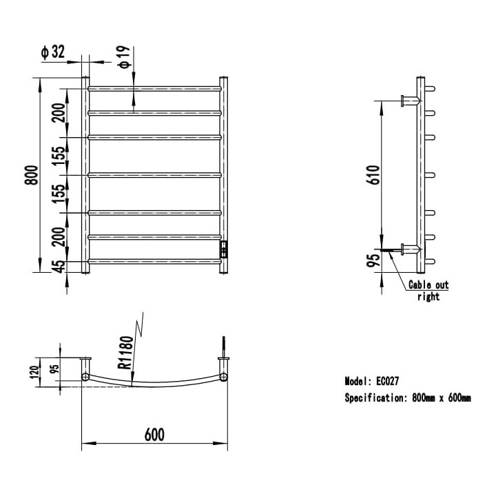 600mm (w) x 800mm (h) Curva Polished Stainless Steel Dry Electric Towel Rail (In-Built Controller)