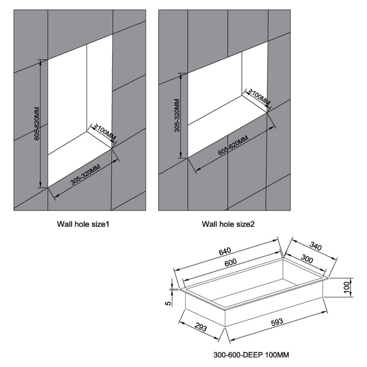 600mm (w) x 300mm (h) Brushed Brass Stainless Steel Rectangular Pre-Formed Shower Niche (Dual-orientation)