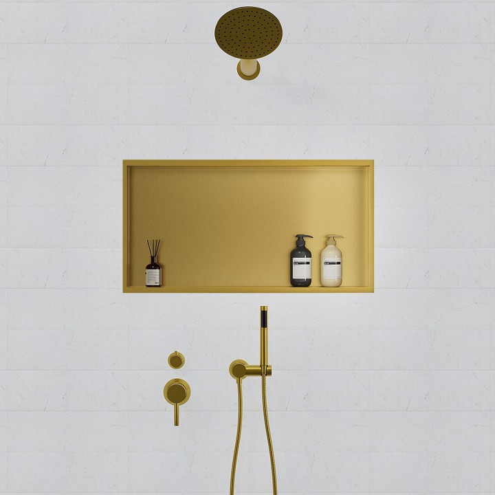 600mm (w) x 300mm (h) Brushed Brass Stainless Steel Rectangular Pre-Formed Shower Niche (Dual-orientation) - Insitu