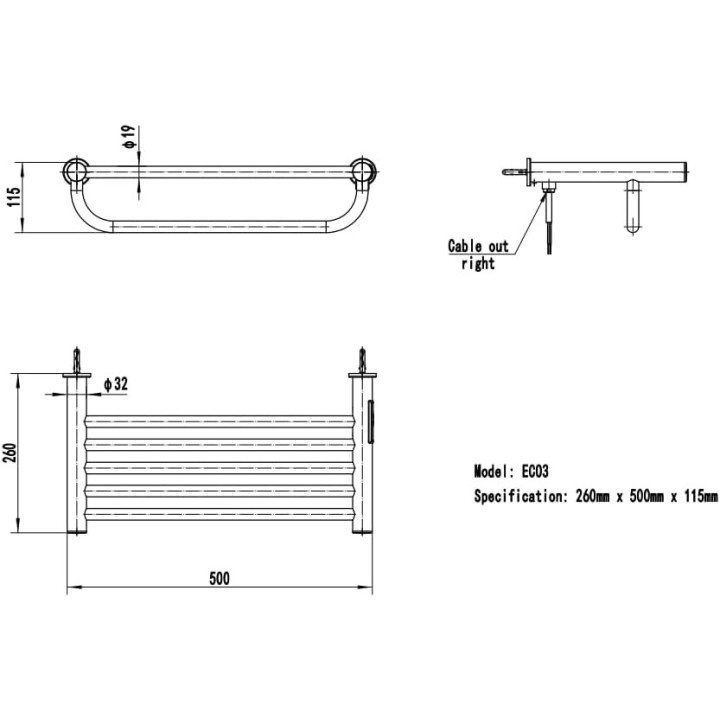 500mm (w) x 115mm (h) x 260mm (d) Ledge Polished Stainless Steel Dry Electric Towel Shelf (In-Built Controller)