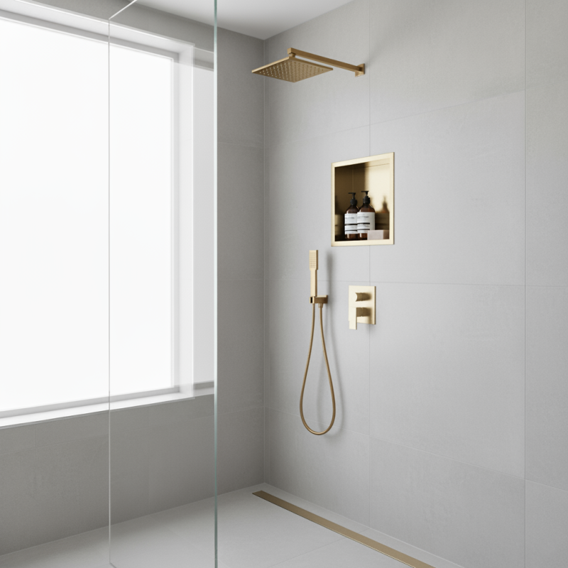 300mm (w) x 300mm (h) Brushed Brass Stainless Steel Square Pre-Formed Shower Niche