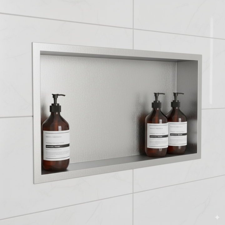 Stainless Steel Rectangular Pre-Formed Shower Niche - closeup