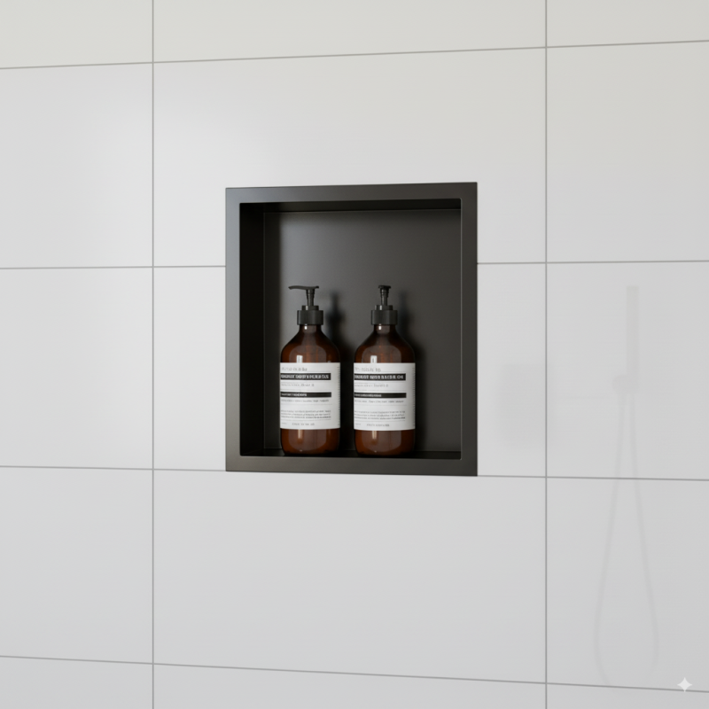 300mm (w) x 300mm (h) Matt Black Stainless Steel Square Pre-Formed Shower Niche
